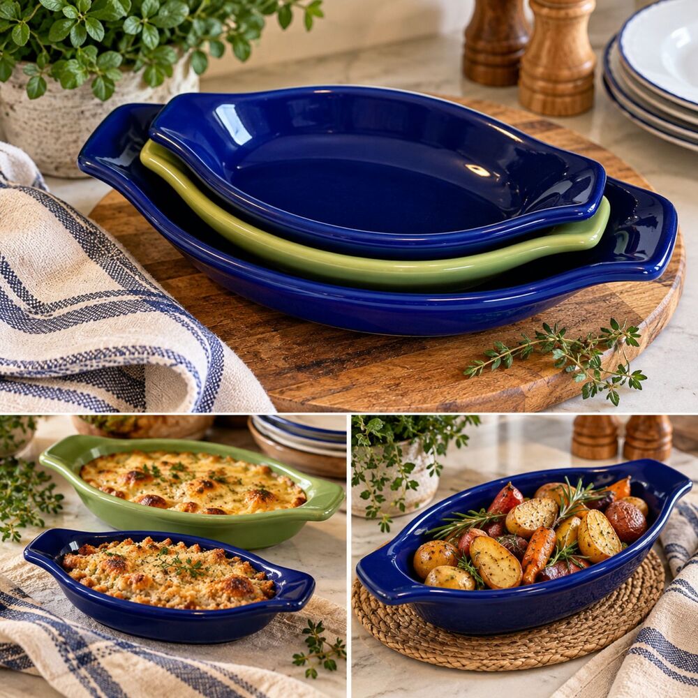 Chantal 3 Pc Nesting Au Gratin Baking Dishes Cobalt Blue Green Stoneware Vintage